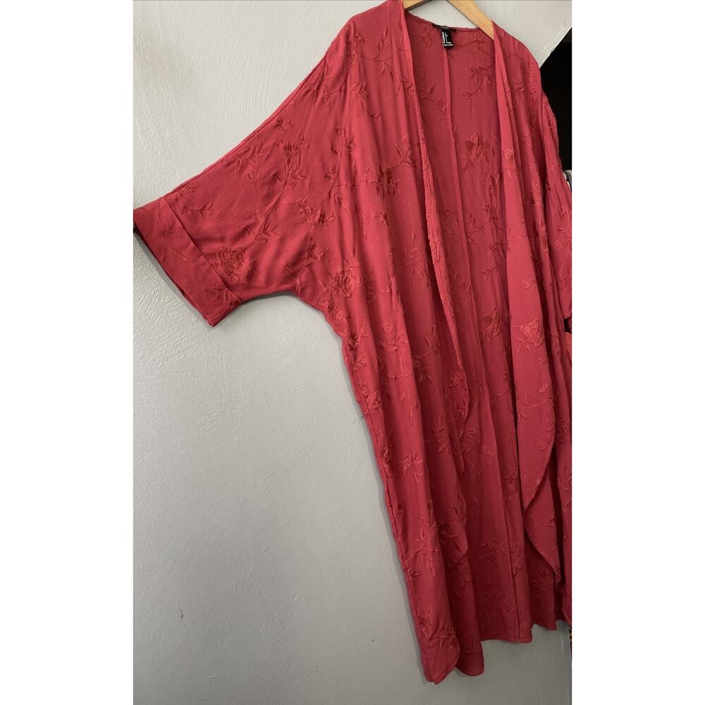 Floral Embroidered Kimono Size Large Brick Red Embroidered Duster Gauze Boho